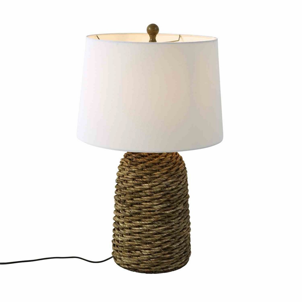 Tischleuchte Valencia Rattan Mit Leinenschirm Weiss für E27